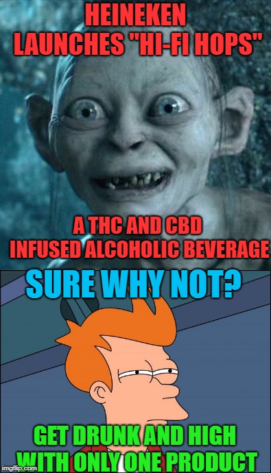 HEINEKEN LAUNCHES "HI-FI HOPS"; A THC AND CBD INFUSED ALCOHOLIC BEVERAGE; SURE WHY NOT? GET DRUNK AND HIGH WITH ONLY ONE PRODUCT | image tagged in futurama fry | made w/ Imgflip meme maker