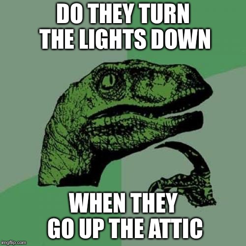 Philosoraptor Meme | DO THEY TURN THE LIGHTS DOWN WHEN THEY GO UP THE ATTIC | image tagged in memes,philosoraptor | made w/ Imgflip meme maker
