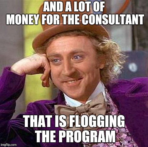 Creepy Condescending Wonka Meme | AND A LOT OF MONEY FOR THE CONSULTANT THAT IS FLOGGING THE PROGRAM | image tagged in memes,creepy condescending wonka | made w/ Imgflip meme maker
