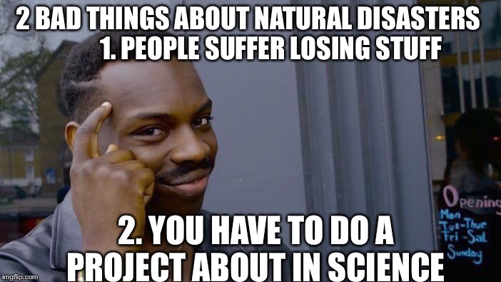 Roll Safe Think About It Meme | 2 BAD THINGS ABOUT NATURAL DISASTERS
        1. PEOPLE SUFFER LOSING STUFF; 2. YOU HAVE TO DO A PROJECT ABOUT IN SCIENCE | image tagged in memes,roll safe think about it | made w/ Imgflip meme maker