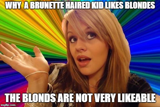 Dumb Blonde Meme | WHY  A BRUNETTE HAIRED KID LIKES BLONDES; THE BLONDS ARE NOT VERY LIKEABLE | image tagged in memes,dumb blonde | made w/ Imgflip meme maker
