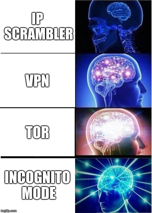Expanding Brain | IP SCRAMBLER; VPN; TOR; INCOGNITO MODE | image tagged in memes,expanding brain | made w/ Imgflip meme maker