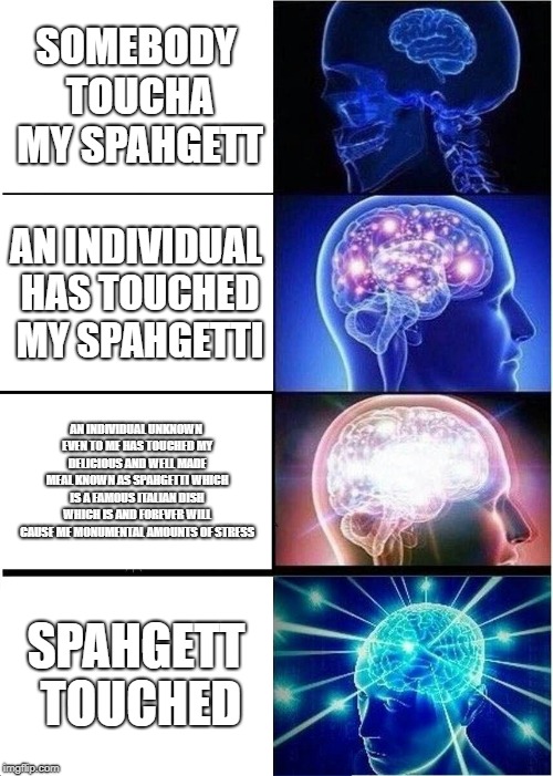 Expanding Brain | SOMEBODY TOUCHA MY SPAHGETT; AN INDIVIDUAL HAS TOUCHED MY SPAHGETTI; AN INDIVIDUAL UNKNOWN EVEN TO ME HAS TOUCHED MY DELICIOUS AND WELL MADE MEAL KNOWN AS SPAHGETTI WHICH IS A FAMOUS ITALIAN DISH WHICH IS AND FOREVER WILL CAUSE ME MONUMENTAL AMOUNTS OF STRESS; SPAHGETT TOUCHED | image tagged in memes,expanding brain | made w/ Imgflip meme maker