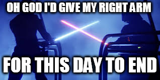 OH GOD I'D GIVE MY RIGHT ARM; FOR THIS DAY TO END | image tagged in skywalker fight | made w/ Imgflip meme maker