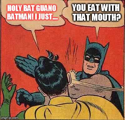 Batman Slapping Robin Meme | HOLY BAT GUANO BATMAN! I JUST.... YOU EAT WITH THAT MOUTH? | image tagged in memes,batman slapping robin | made w/ Imgflip meme maker