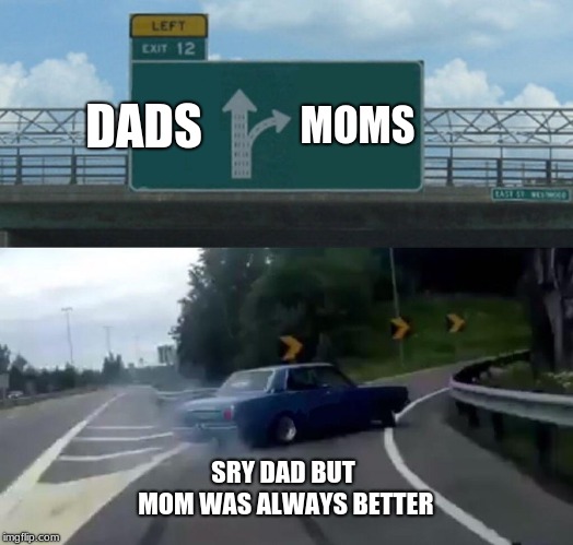 Left Exit 12 Off Ramp Meme | DADS; MOMS; SRY DAD BUT MOM WAS ALWAYS BETTER | image tagged in memes,left exit 12 off ramp | made w/ Imgflip meme maker