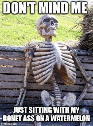 Waiting Skeleton Meme | DON'T MIND ME; JUST SITTING WITH MY BONEY ASS ON A WATERMELON | image tagged in memes,waiting skeleton | made w/ Imgflip meme maker