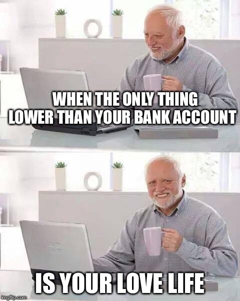 Hide the Pain Harold | WHEN THE ONLY THING LOWER THAN YOUR BANK ACCOUNT; IS YOUR LOVE LIFE | image tagged in memes,hide the pain harold | made w/ Imgflip meme maker