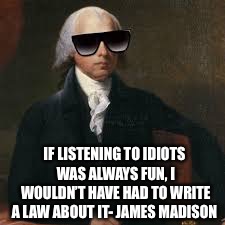 Cool James Madison  | IF LISTENING TO IDIOTS WAS ALWAYS FUN, I WOULDN’T HAVE HAD TO WRITE A LAW ABOUT IT- JAMES MADISON | image tagged in politics,meme,captain obvious | made w/ Imgflip meme maker