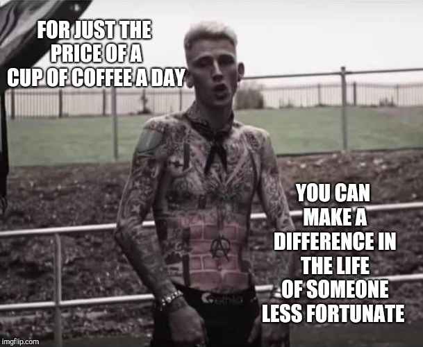 Will you help? | FOR JUST THE PRICE OF A CUP OF COFFEE A DAY; YOU CAN MAKE A DIFFERENCE IN THE LIFE OF SOMEONE LESS FORTUNATE | image tagged in mgk,machine gun kelly,charity | made w/ Imgflip meme maker