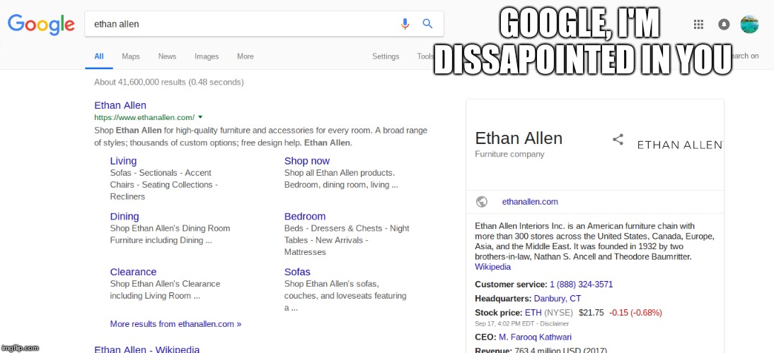 Ethan Allen Was in the Revolutionary War | GOOGLE, I'M DISSAPOINTED IN YOU | image tagged in funny,google messed up | made w/ Imgflip meme maker
