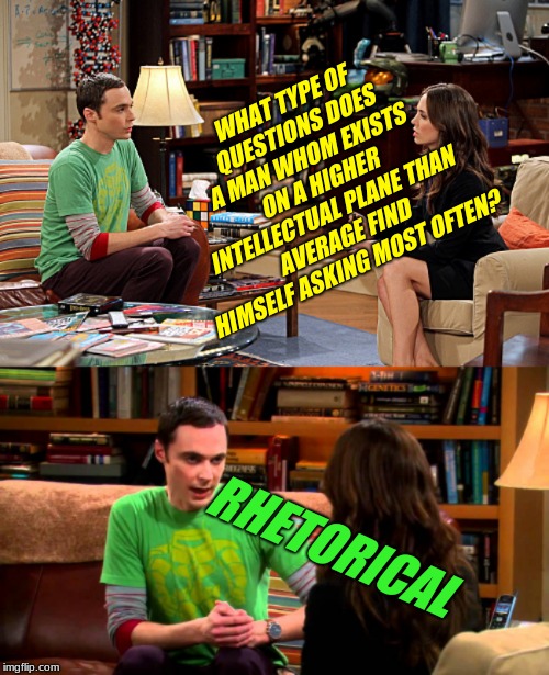 I mean... well.. | WHAT TYPE OF QUESTIONS DOES A MAN WHOM EXISTS ON A HIGHER INTELLECTUAL PLANE THAN AVERAGE FIND HIMSELF ASKING MOST OFTEN? RHETORICAL | image tagged in big bang theory,sheldon cooper,why isn't there a rhetorical tag | made w/ Imgflip meme maker