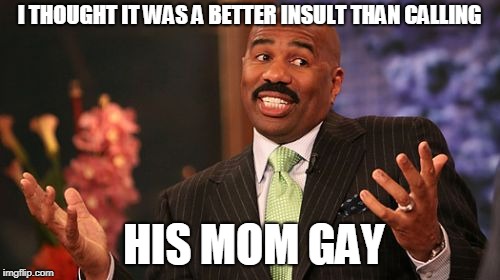 Steve Harvey Meme | I THOUGHT IT WAS A BETTER INSULT THAN CALLING HIS MOM GAY | image tagged in memes,steve harvey | made w/ Imgflip meme maker