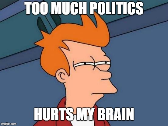 Futurama Fry Meme | TOO MUCH POLITICS HURTS MY BRAIN | image tagged in memes,futurama fry | made w/ Imgflip meme maker