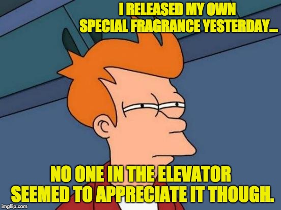 Futurama Fry | I RELEASED MY OWN SPECIAL FRAGRANCE YESTERDAY... NO ONE IN THE ELEVATOR SEEMED TO APPRECIATE IT THOUGH. | image tagged in memes,futurama fry | made w/ Imgflip meme maker