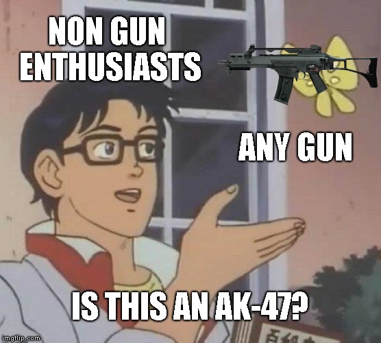Is This A Pigeon | NON GUN ENTHUSIASTS; ANY GUN; IS THIS AN AK-47? | image tagged in memes,is this a pigeon | made w/ Imgflip meme maker