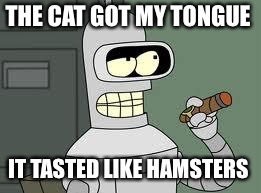 Bender | THE CAT GOT MY TONGUE IT TASTED LIKE HAMSTERS | image tagged in bender | made w/ Imgflip meme maker