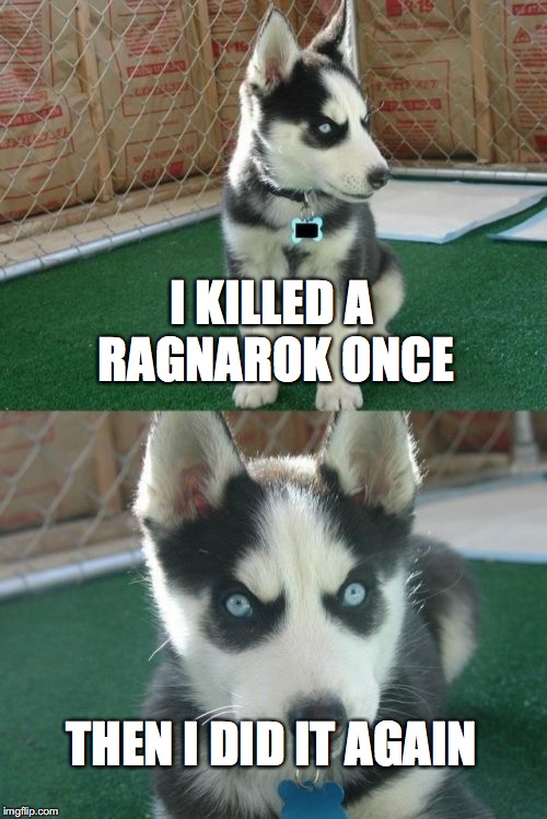 Insanity Puppy Meme | I KILLED A RAGNAROK ONCE THEN I DID IT AGAIN | image tagged in memes,insanity puppy | made w/ Imgflip meme maker