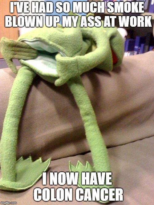 kermit ass | I'VE HAD SO MUCH SMOKE BLOWN UP MY ASS AT WORK; I NOW HAVE COLON CANCER | image tagged in kermit ass | made w/ Imgflip meme maker
