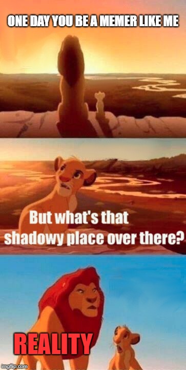 Simba Shadowy Place | ONE DAY YOU BE A MEMER LIKE ME; REALITY | image tagged in memes,simba shadowy place | made w/ Imgflip meme maker