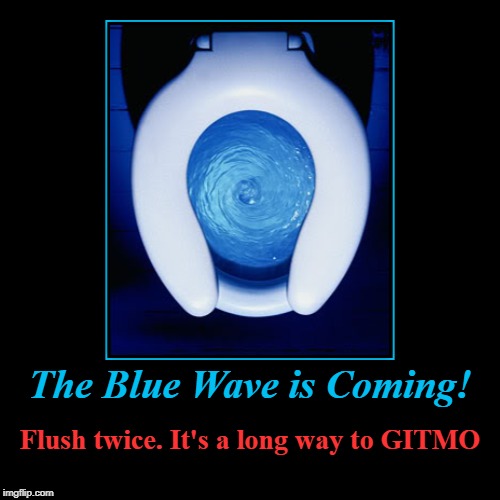 The Blue Wave is Coming! (Flush twice. It's a long way to GITMO) | The Blue Wave is Coming! | Flush twice. It's a long way to GITMO | image tagged in blue wave,gitmo,away go troubles down the drain,obama hillary and crew | made w/ Imgflip demotivational maker