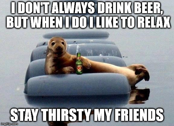 I DON'T ALWAYS DRINK BEER, BUT WHEN I DO I LIKE TO RELAX; STAY THIRSTY MY FRIENDS | image tagged in memes,seal | made w/ Imgflip meme maker