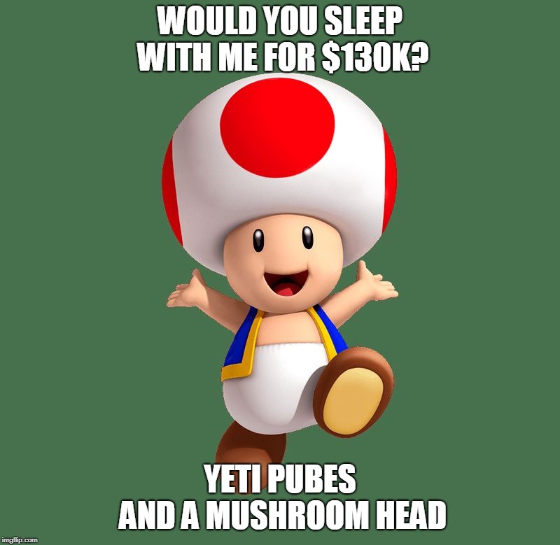Mario Cart | WOULD YOU SLEEP WITH ME FOR $130K? YETI PUBES AND A MUSHROOM HEAD | image tagged in mario cart | made w/ Imgflip meme maker