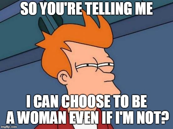 Futurama Fry | SO YOU'RE TELLING ME; I CAN CHOOSE TO BE A WOMAN EVEN IF I'M NOT? | image tagged in memes,futurama fry | made w/ Imgflip meme maker