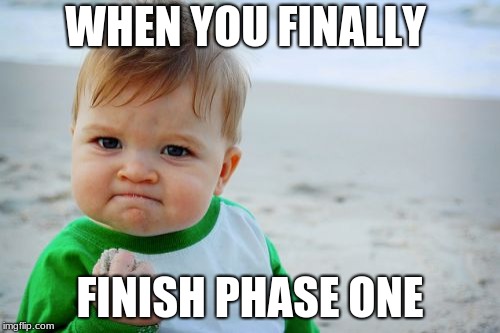 Success Kid Original Meme | WHEN YOU FINALLY; FINISH PHASE ONE | image tagged in memes,success kid original | made w/ Imgflip meme maker