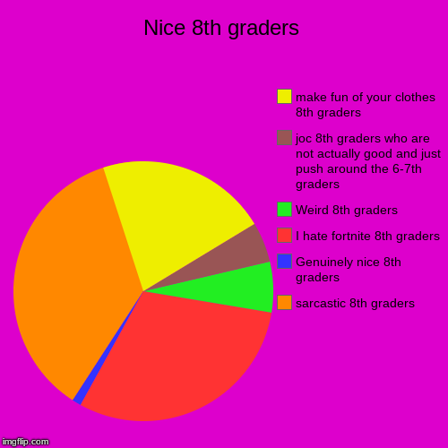 Nice 8th graders | sarcastic 8th graders, Genuinely nice 8th graders, I hate fortnite 8th graders, Weird 8th graders, joc 8th graders who ar | image tagged in funny,pie charts | made w/ Imgflip chart maker