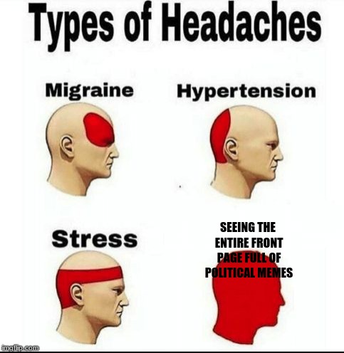 different types of headaches | SEEING THE ENTIRE FRONT PAGE FULL OF POLITICAL MEMES | image tagged in types of headaches meme,stress,politics,memes,funny,true | made w/ Imgflip meme maker
