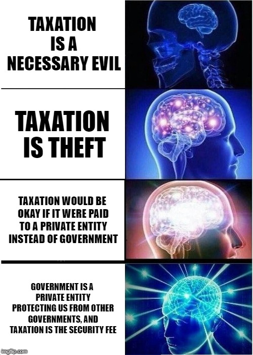 Taxation is theft? | TAXATION IS A NECESSARY EVIL; TAXATION IS THEFT; TAXATION WOULD BE OKAY IF IT WERE PAID TO A PRIVATE ENTITY INSTEAD OF GOVERNMENT; GOVERNMENT IS A PRIVATE ENTITY PROTECTING US FROM OTHER GOVERNMENTS, AND TAXATION IS THE SECURITY FEE | image tagged in memes,expanding brain,libertarianism,politics | made w/ Imgflip meme maker