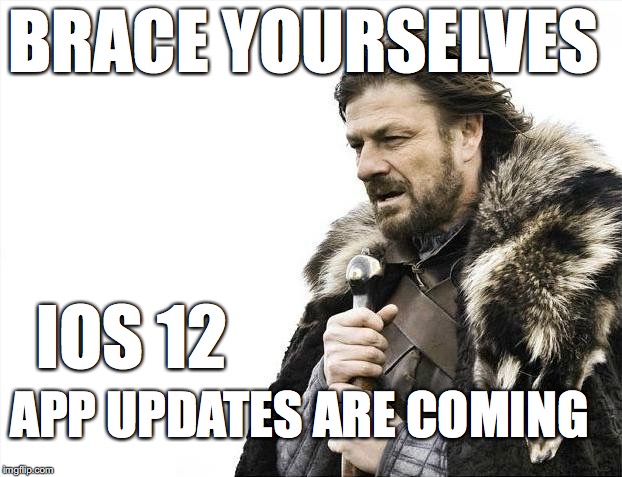 Brace Yourselves X is Coming Meme | BRACE YOURSELVES; IOS 12; APP UPDATES ARE COMING | image tagged in memes,brace yourselves x is coming | made w/ Imgflip meme maker