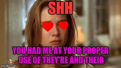 Jerry Maguire you had me at hello | SHH YOU HAD ME AT YOUR PROPER USE OF THEY'RE AND THEIR | image tagged in jerry maguire you had me at hello | made w/ Imgflip meme maker