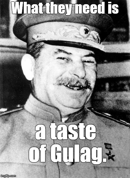 Stalin smile | What they need is a taste of Gulag. | image tagged in stalin smile | made w/ Imgflip meme maker
