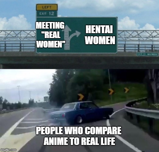 Left Exit 12 Off Ramp Meme | MEETING "REAL WOMEN"; HENTAI WOMEN; PEOPLE WHO COMPARE ANIME TO REAL LIFE | image tagged in memes,left exit 12 off ramp | made w/ Imgflip meme maker
