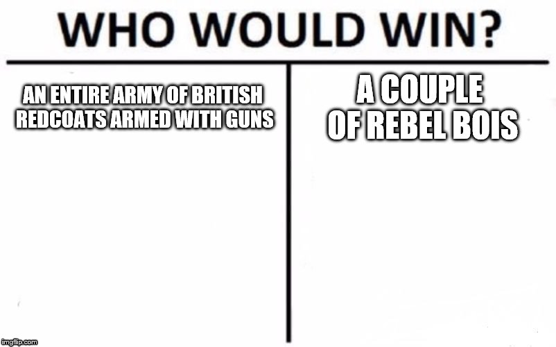 Who Would Win? | AN ENTIRE ARMY OF BRITISH REDCOATS ARMED WITH GUNS; A COUPLE OF REBEL BOIS | image tagged in memes,who would win | made w/ Imgflip meme maker