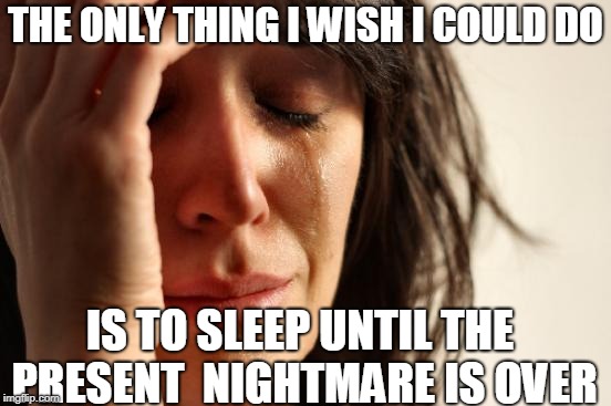 THE ONLY THING I WISH I COULD DO IS TO SLEEP UNTIL THE PRESENT  NIGHTMARE IS OVER | image tagged in memes,first world problems | made w/ Imgflip meme maker