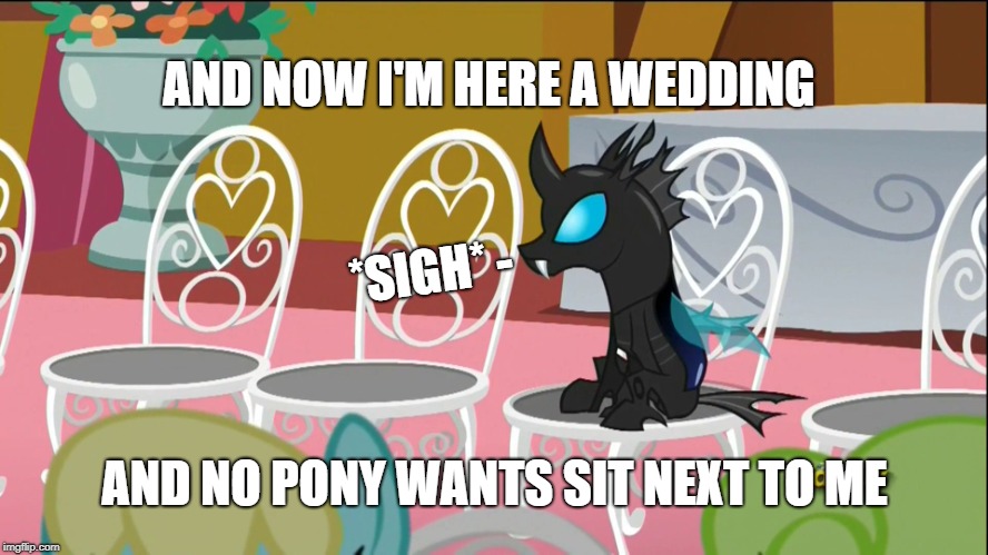 That One Changeling | AND NOW I'M HERE A WEDDING AND NO PONY WANTS SIT NEXT TO ME *SIGH* - | image tagged in that one changeling,my little pony | made w/ Imgflip meme maker