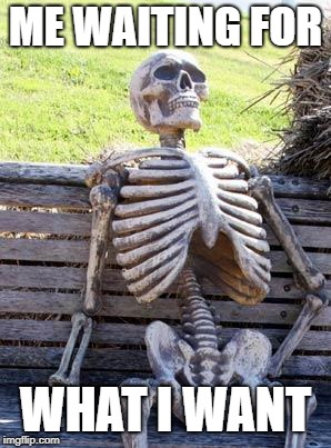 Waiting Skeleton | ME WAITING FOR; WHAT I WANT | image tagged in memes,waiting skeleton | made w/ Imgflip meme maker