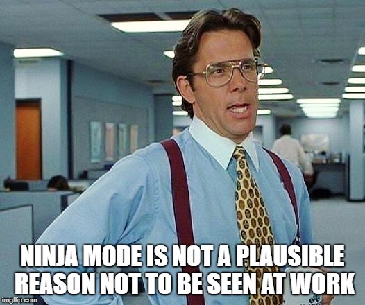 Boss | NINJA MODE IS NOT A PLAUSIBLE REASON NOT TO BE SEEN AT WORK | image tagged in boss | made w/ Imgflip meme maker