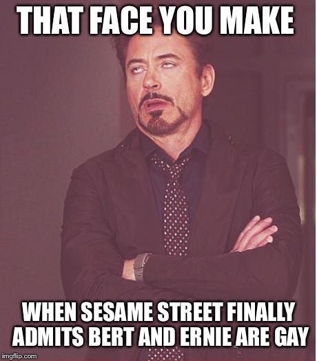 Face You Make Robert Downey Jr Meme | THAT FACE YOU MAKE; WHEN SESAME STREET FINALLY ADMITS BERT AND ERNIE ARE GAY | image tagged in memes,face you make robert downey jr,bert and ernie | made w/ Imgflip meme maker