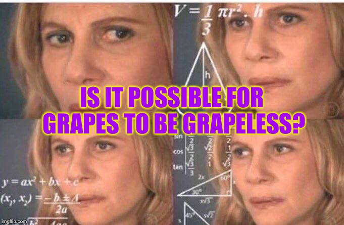 Math lady/Confused lady | IS IT POSSIBLE FOR GRAPES TO BE GRAPELESS? | image tagged in math lady/confused lady | made w/ Imgflip meme maker