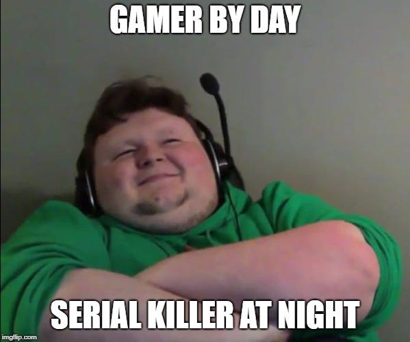 smug gamer | GAMER BY DAY; SERIAL KILLER AT NIGHT | image tagged in smug gamer | made w/ Imgflip meme maker