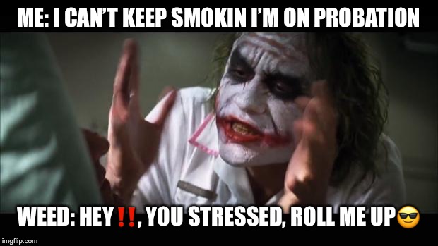 And everybody loses their minds | ME: I CAN’T KEEP SMOKIN I’M ON PROBATION; WEED: HEY‼️, YOU STRESSED, ROLL ME UP😎 | image tagged in memes,and everybody loses their minds | made w/ Imgflip meme maker