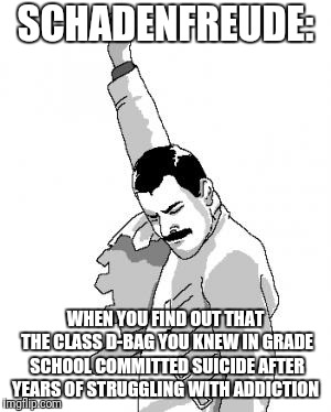 Freddie Mercury | SCHADENFREUDE:; WHEN YOU FIND OUT THAT THE CLASS D-BAG YOU KNEW IN GRADE SCHOOL COMMITTED SUICIDE AFTER YEARS OF STRUGGLING WITH ADDICTION | image tagged in freddie mercury | made w/ Imgflip meme maker
