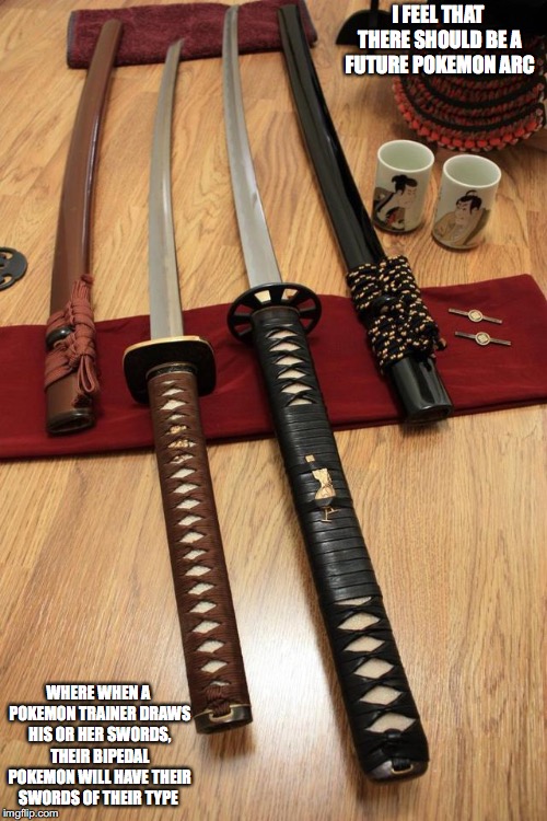 Daisho Katana-Wakizashi Pair | I FEEL THAT THERE SHOULD BE A FUTURE POKEMON ARC; WHERE WHEN A POKEMON TRAINER DRAWS HIS OR HER SWORDS, THEIR BIPEDAL POKEMON WILL HAVE THEIR SWORDS OF THEIR TYPE | image tagged in daisho,katana,wakizashi,swords,memes,pokemon | made w/ Imgflip meme maker