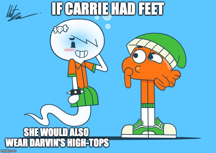 Carrie Wearing Darwin's Colors | IF CARRIE HAD FEET; SHE WOULD ALSO WEAR DARVIN'S HIGH-TOPS | image tagged in darwin watterson,the amazing world of gumball,carrie,memes | made w/ Imgflip meme maker