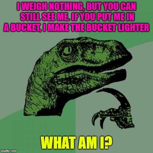 An Enlightening Riddle | I WEIGH NOTHING, BUT YOU CAN STILL SEE ME. IF YOU PUT ME IN A BUCKET, I MAKE THE BUCKET LIGHTER; WHAT AM I? | image tagged in memes,philosoraptor,riddles and brainteasers,riddle,nothing | made w/ Imgflip meme maker