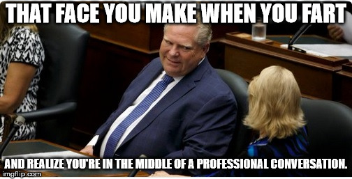 Oops... Looks like Ontario will be paying for the air fresheners | THAT FACE YOU MAKE WHEN YOU FART; AND REALIZE YOU'RE IN THE MIDDLE OF A PROFESSIONAL CONVERSATION. | image tagged in doug ford | made w/ Imgflip meme maker